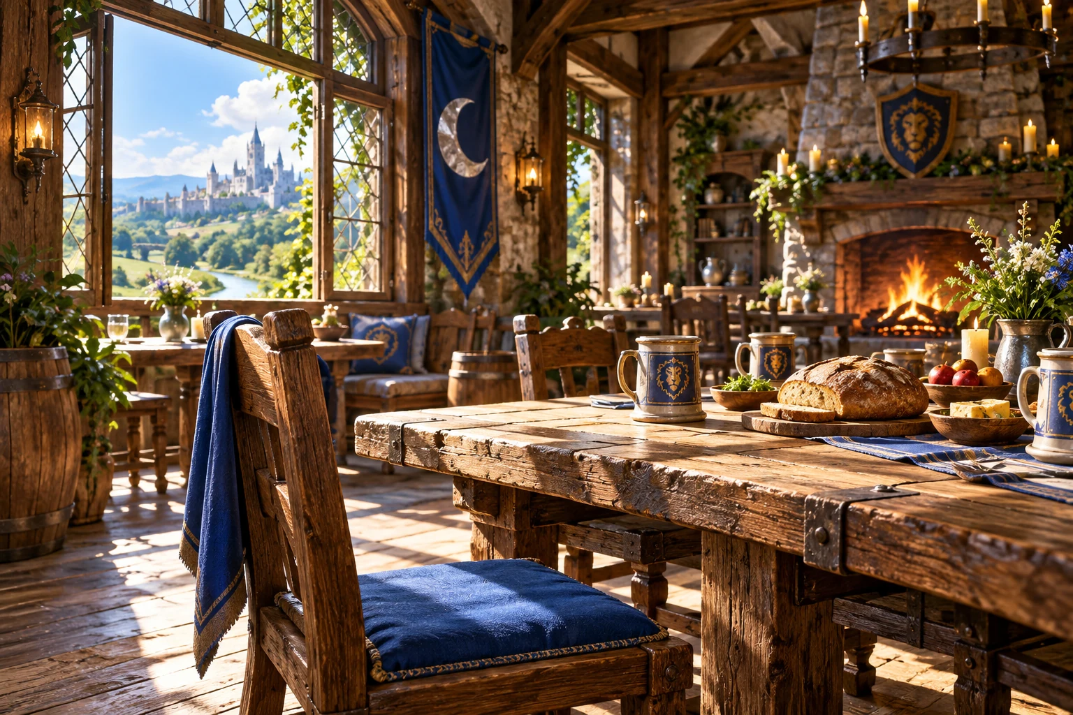 Eine sonnige Taverne mit Moonlight-Mondbanner und einem freien Platz am Tisch